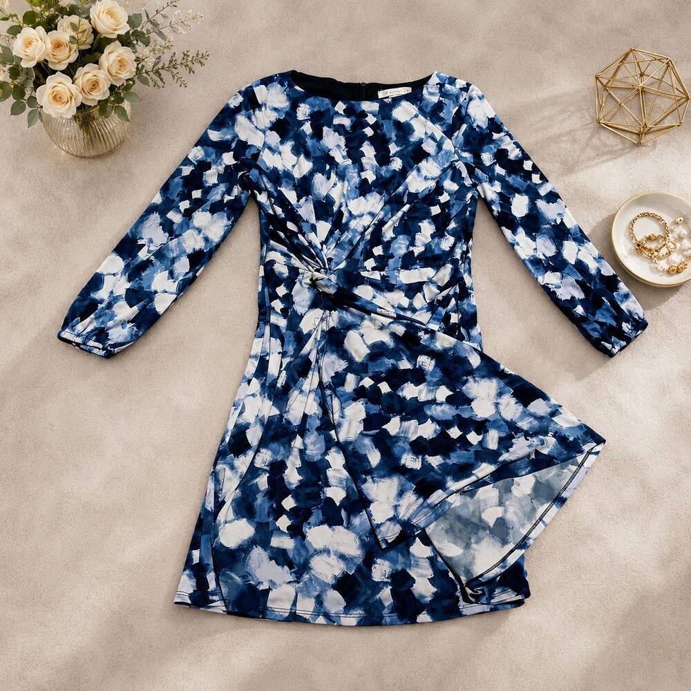 London Times Petites US 6P Blue White Abstract Twist Front Ruched Dress Long